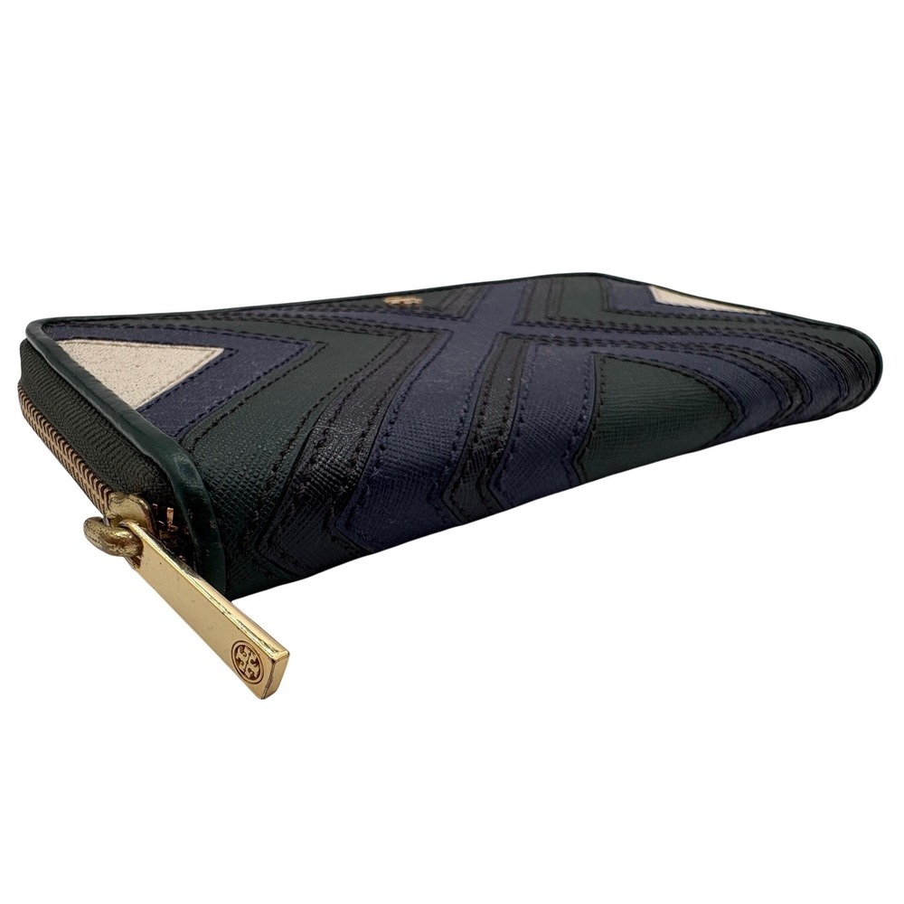 Tory Burch Wallet Womens OS Green Excellent Chevron Zip Around Saffiano Leather - Picture 5 of 6